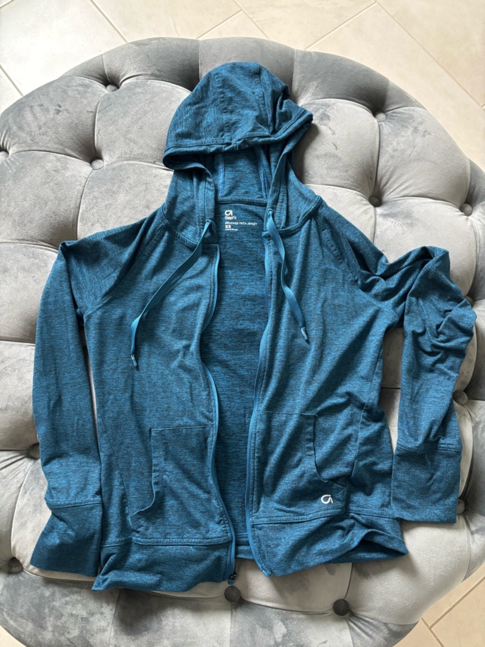 GapFit Brushed Tech Jersey Zippered Hoodie Women XS Blue Heather